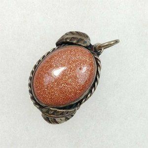 Mexico Sterling Silver Goldstone Natural Stone Pendant Twist Leaf